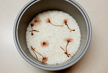 Cooked rice and cherry blossoms in a rice cooker